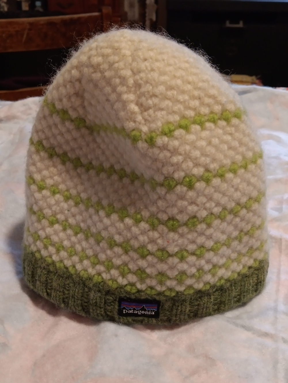Patagonia Cream Beanie with Green Accents